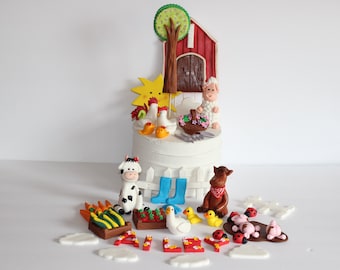 Fondant Vegetables Farm Animals Cake Decoration Horse Cow Sheep Duck Barn Baby Shower Birthday Cake Decoration