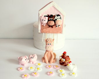 Fondant Girly Farm Animals Cake Decoration Cow Sheep Pig Barn Cake Decoration