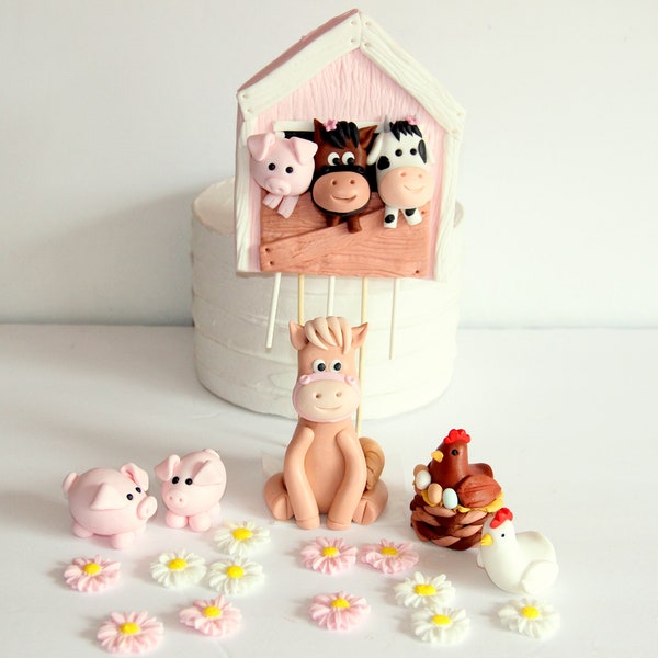 Fondant Girly Farm Animals Cake Decoration Cow Sheep Pig Barn Cake Decoration