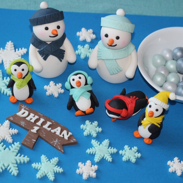Fondant Winter Wonderland Cake Toppers: Snowman, Penguins, Snowflakes