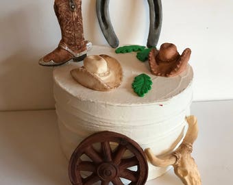 Fondant Western Theme Cake Cowboy Decoration Horseshoe Wagon Wheel