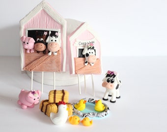 Fondant Girly Farm Animals Cake Decoration Cow Sheep Pig Barn Cake Decoration