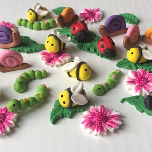 Fondant 3D Lady Bugs Snails Bees Ctrepillars Daisy Flowers Cupcake Topper Woodland Whimsical Decoration USA Seller