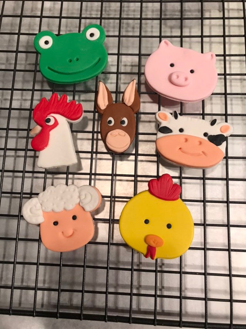 Fondant Farm Animals2D Cupcake Toppers Cow Donkey Sheep Chicken Pig Frogs Barn Baby Shower Birthday image 5