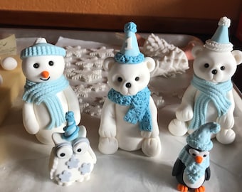 Fondant Winter Wonderland Cake Decoration Snowman Penguins Snowflakes Baby Shower Birthday Cake Decoration