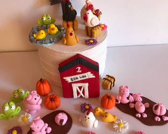 Fondant Farm Animals Cake Decoration Cow Donkey Sheep chicken Pig Frogs Flowers Barn Baby Shower Birthday Cake Decoration
