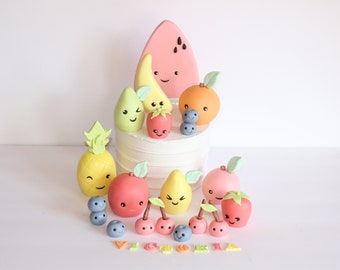 Fondant Fruits Pastel Colors Cake Toppers Melon Lemon Orange Pineapple Cherries Banana  Blueberries