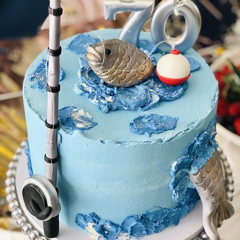 Fondant Fishing Rod and a Large Fish Cake Topper Decoration Etsy