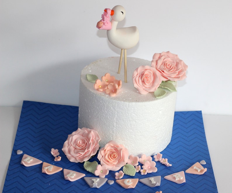 Fondant Stork and a Baby Cake Topper New Baby Arrival Baby Shower Newborn image 2
