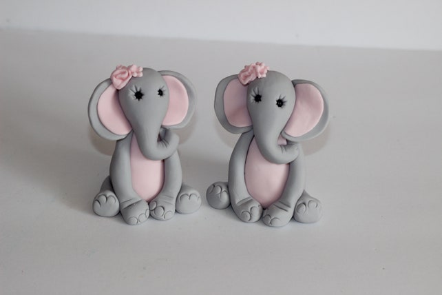 Fondant Elephant Twins Baby Girls Shower Cake Topper Welcome Baby