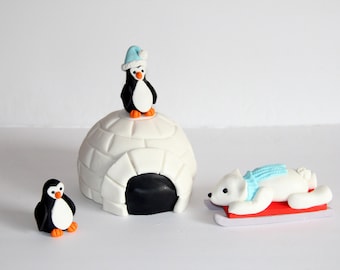 Fondant Igloo Polar Bear Penguins  Winter Cake Decoration