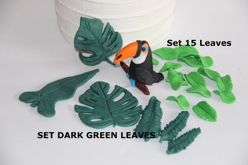 May include: Set of 15 green fondant leaves for cake decorating. The set includes a variety of leaf shapes, including monstera leaves, fern leaves, and small leaves.  The leaves are a dark green colour and are perfect for adding a tropical touch to your cake.