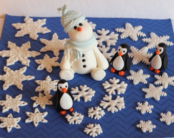 Fondant Winter Wonderland  Cake Decoration Snowman Penguins Snowflakes Baby Shower Birthday Cake Decoration