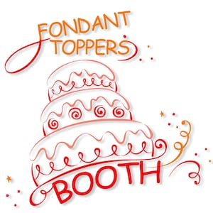 May include: A red and white fondant cake with the text "Fondant Toppers Booth" in red lettering. The cake is decorated with swirls and dots.