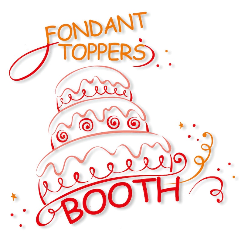 May include: A red and white fondant cake with the text "Fondant Toppers Booth" in red lettering. The cake is decorated with swirls and dots.