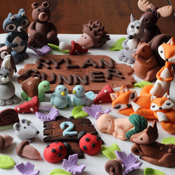 Fondant Woodland Cake Toppers Woodland Animals Baby Shower Party Fox Owl Moose  Squirrel Baby Revealing Party