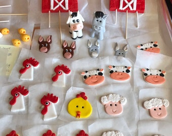 Fondant Farm Animals2D  Cupcake Toppers Cow Donkey Sheep Chicken Pig Frogs Barn Baby Shower Birthday