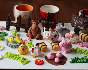 Fondant Farm Animals Cake Decoration Cow Donkey Sheep chicken Pig Frogs Flowers Barn Baby Shower Birthday Cake Decoration