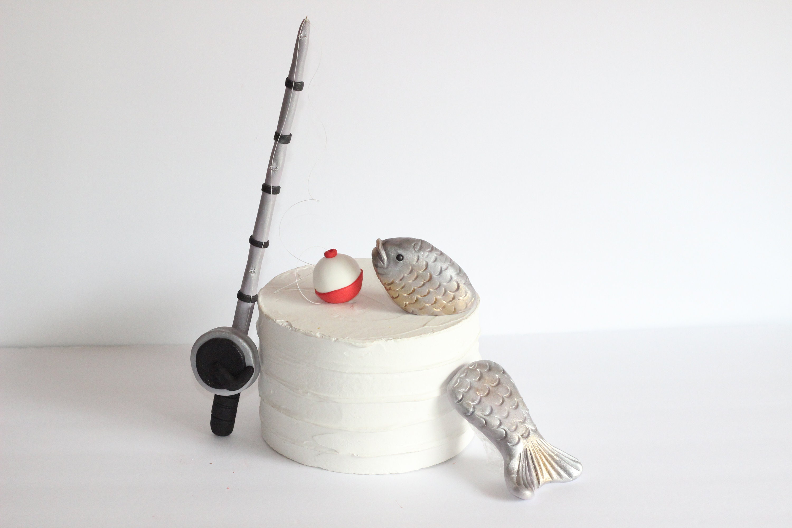 Fondant Fishing Rod and a Large Fish Cake Topper Decoration 