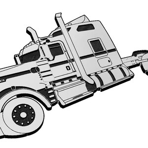 May include: Black and white illustration of a Kenworth semi-truck. The truck features a detailed design with visible elements like the cab, wheels, and exhaust pipes. The number "24" is visible on the front of the truck.