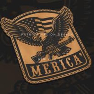 May include: A bronze-colored patch featuring a detailed eagle with outstretched wings, clutching a rifle, set against a waving American flag. The word "MERICA" is prominently displayed below. The patch has a stitched border and the text "PATRIOT NATION DESIGN".