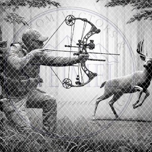May include: A black and white image of a hunter aiming a bow and arrow at a white-tailed deer in a forest setting.