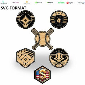 May include: A collection of baseball-themed SVG cut files in a variety of designs. Includes a baseball, baseball bat, glove, and a baseball field. The designs are in black and tan, with the text "SVG FORMAT" at the top.