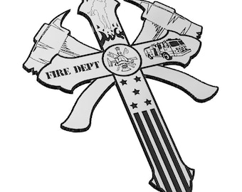 May include: A gray and black firefighter emblem in the shape of a cross, featuring crossed axes, a fire truck, and the text "FIRE DEPT." The cross design includes stars and stripes.
