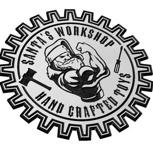 May include: Black and white illustration of Santa Claus flexing his muscles, holding a hammer and screwdriver. The illustration is inside a gear-shaped circle with the text "Santa's Workshop Hand Crafted Toys".