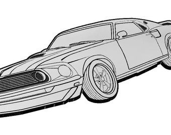 May include: A black and white line drawing of a classic car, a Ford Mustang, with a long hood and a rounded body style. The car is drawn in profile, with the front of the car facing the viewer.