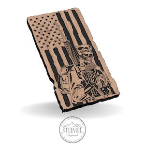 May include: A wooden cutout of a skeleton soldier holding a rifle, standing in front of an American flag. The cutout is in a rustic style with a distressed wood grain texture. The soldier is wearing a military helmet and has a backpack on. The flag is in the background and is made of wood with a black and white design.