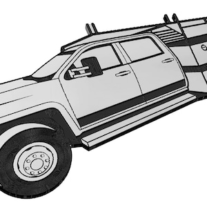 May include: A white pickup truck with a service body and ladder rack. The truck has a black bumper and black side steps.