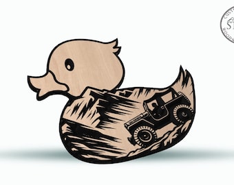 May include: A wooden rubber ducky with a black and white silhouette of a jeep driving through a mountain landscape.