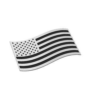 May include: A black and white American flag decal with a waving design. The flag is made of a durable material and is perfect for adding a patriotic touch to any surface.