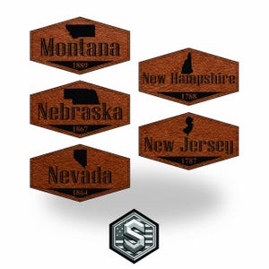 May include: A collection of brown leather patches, each featuring a state outline and name in black. States include Montana, Nebraska, Nevada, New Hampshire, and New Jersey. Each patch also displays the year of statehood. A silver and white logo is at the bottom.