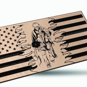 May include: A black and white illustration of a worker with tools, set against a wood-grain background with a stylized American flag design. The flag is partially obscured by flames.