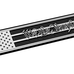 May include: A silver metal plaque with a black background. The plaque features a stylized American flag and the words "We the People" in a script font.