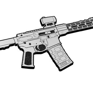 May include: A black and grey rifle with a scope and a magazine. The rifle has a black stock and a grey barrel.