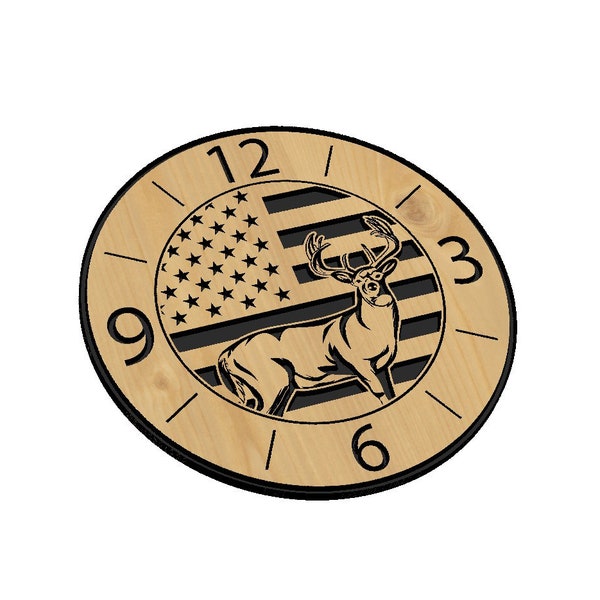 Whitetail Deer Clock with American Flag SVG, Hunting, Bow, Gun, USA, Outdoors, Country, Vector, Laser Engraving, CNC, Cricut, Glowforge