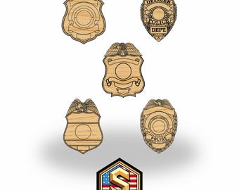 Assortimento di distintivi della polizia da 6 a 10 in formato SVG, vuoto, lavorazione del legno, sceriffo, agente, forze dell'ordine, poliziotto, vettoriale, incisione laser, Cricut, Glowforge