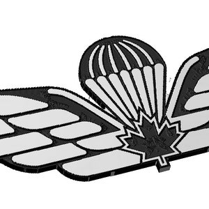 May include: A black and white emblem depicting a parachute, wings, and a maple leaf. The wings have white segments with black outlines. The parachute is positioned above the maple leaf, and the design is symmetrical.