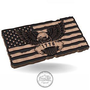 May include: A wooden American flag with a black eagle and the year 1776 on a banner. The flag is distressed and has a 3D effect.