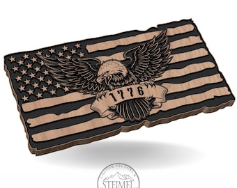 May include: A wooden American flag with a black eagle and the year 1776 on a banner. The flag is distressed and has a 3D effect.
