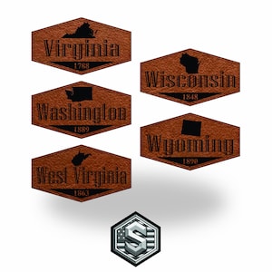 May include: A collection of brown leather-like patches, each featuring a state name, outline, and founding year. States include Virginia, Washington, West Virginia, Wisconsin, and Wyoming. A silver and blue logo is at the bottom.