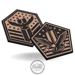 May include: Two wooden plaques with a black and brown woodgrain finish. Each plaque features a bald eagle with outstretched wings flying over the Twin Towers and an American flag with stars. The text "9/11" is on one plaque.