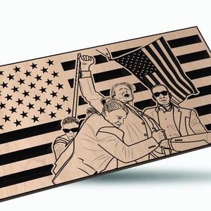 May include: A wood-burned design of four people holding an American flag. The design is on a wooden board with a black and white American flag pattern.