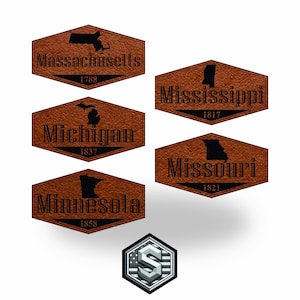 May include: A selection of brown leather patches displaying state outlines and names: Massachusetts, Mississippi, Michigan, Missouri, and Minnesota. Each patch includes the state's name and the year of statehood. A silver and white emblem is at the bottom.
