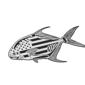 May include: A black and white illustration of a fish with an American flag pattern. The fish is facing left and has a large, rounded body.