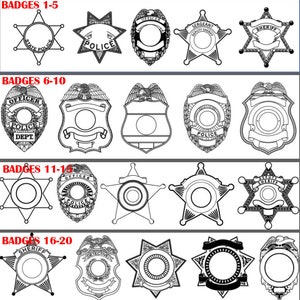 Asortyment odznak policyjnych SVG 1-5, Puste, Obróbka drewna, Szeryf, Oficer, Organy ścigania, Policjant, Wektor, Grawerowanie laserowe, CNC, Cricut, Glowforge