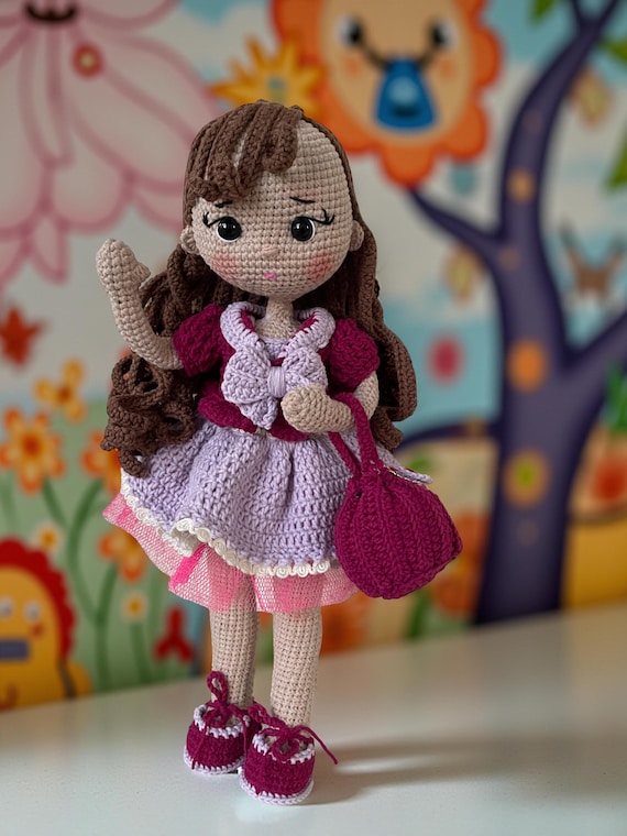 編みぐるみ着せ替え人形 花束 紫のドレス 約24cm 編みぐるみ着せ替え人形